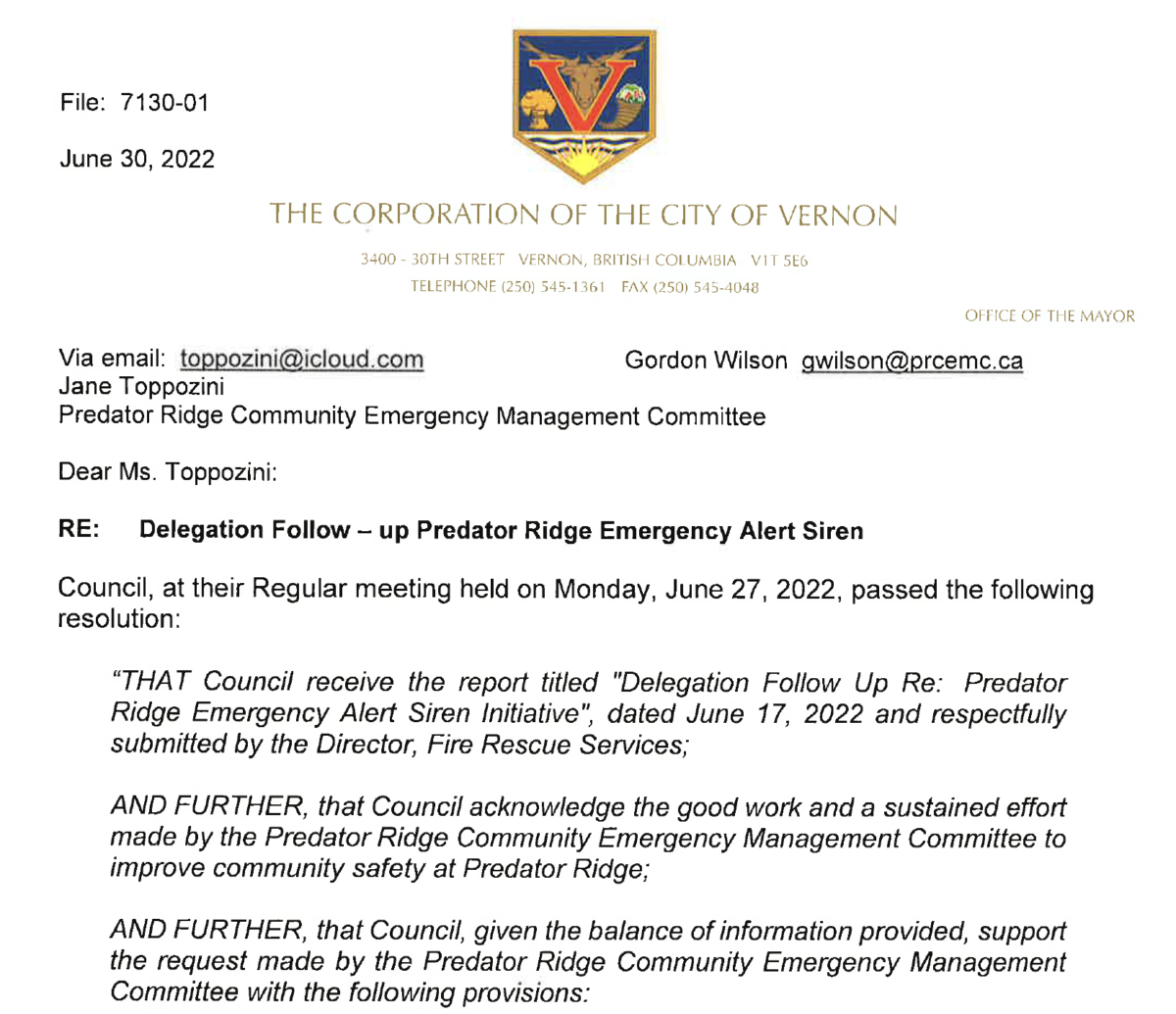 City of Vernon Supports Evacuation Siren